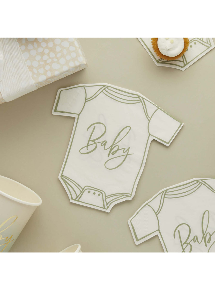 Baby Shower 16 Pack Sage Green Onesie Shaped Napkins — Lifestyle Image