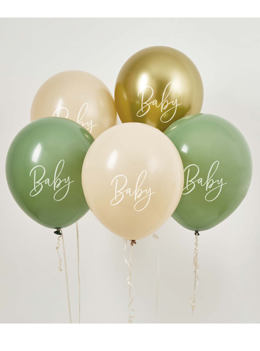 Baby Shower 5 Pack Sage Green Nude And Gold 30cm Latex Balloons — Lifestyle Image
