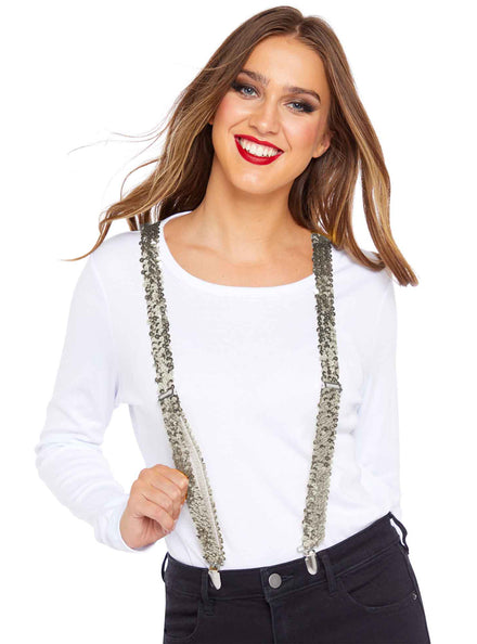 Sequinned Silver Adults Suspenders - Main Image