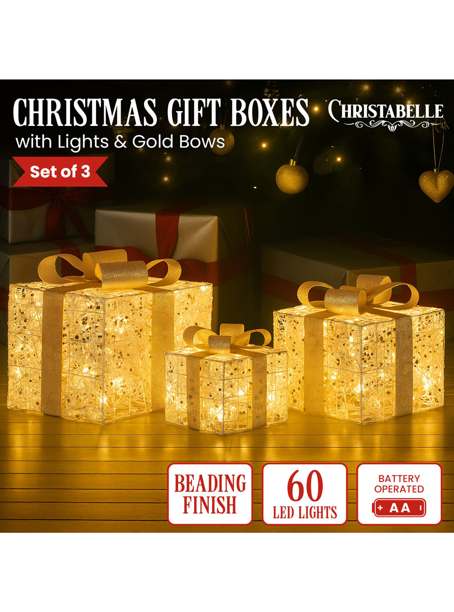 Battery Operated Christabelle Warm White 3 Piece Set Golden Christmas Gift Box Decorations - Details Image