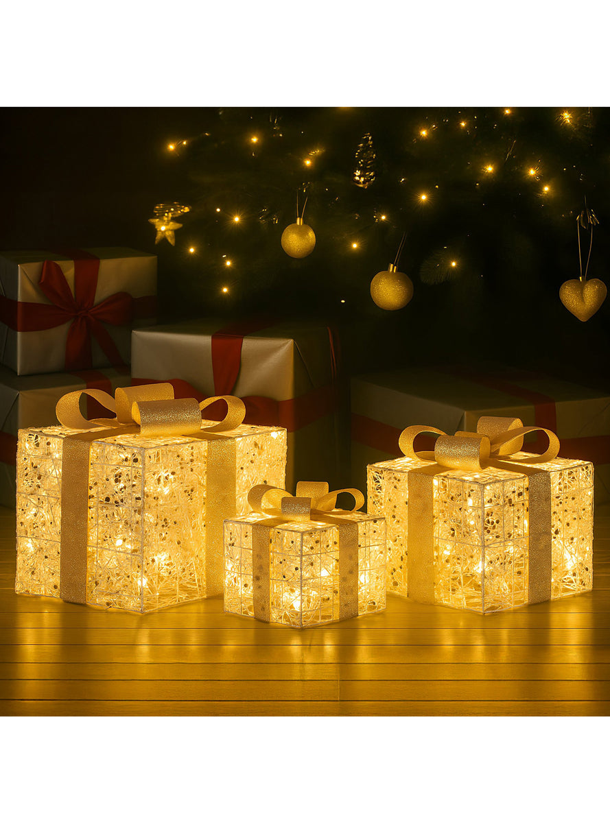 Battery Operated Christabelle Warm White 3 Piece Set Golden Christmas Gift Box Decorations - Illuminated Lifestyle Image