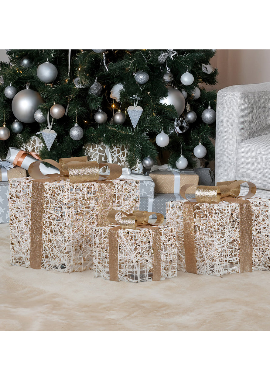 Battery Operated Christabelle Warm White 3 Piece Set Golden Christmas Gift Box Decorations - Lifestyle Image