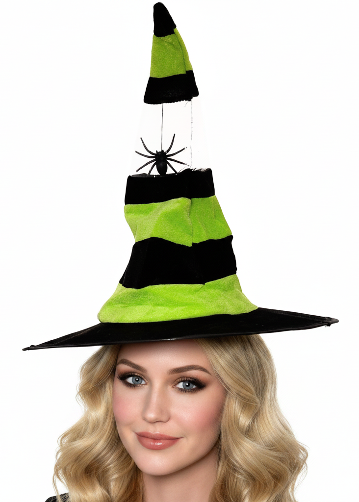 Black And Green Velvet Halloween Witch Hat with Hanging Spider - Main Image