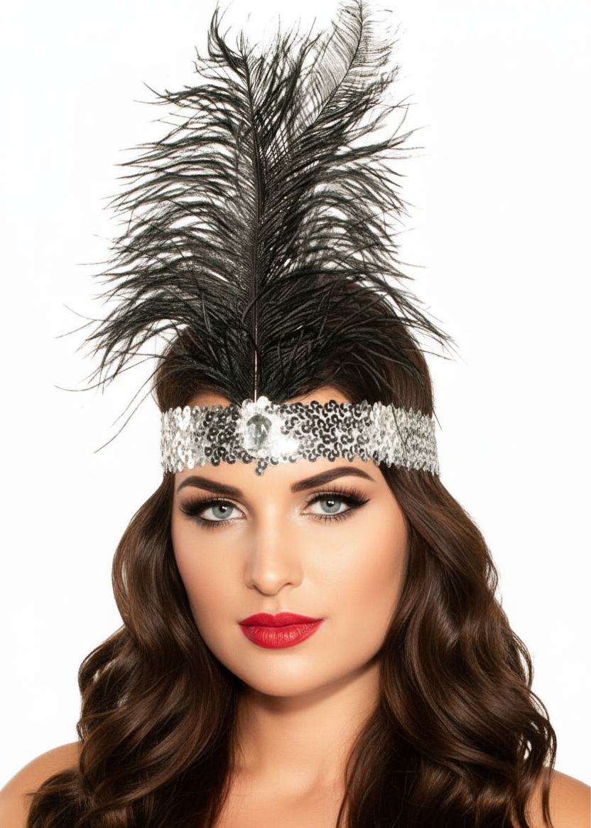Silver and Black Tall Feather 1920's Flapper Headband - Main Image