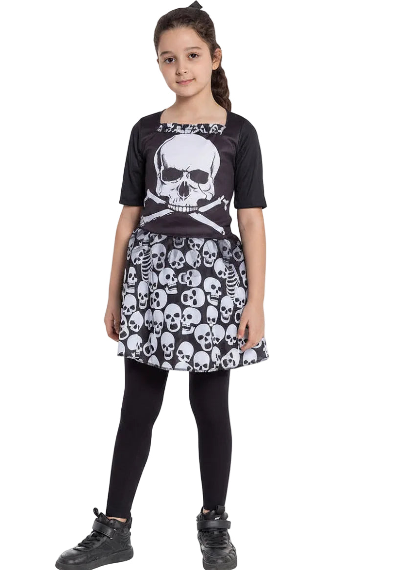 Image of Skully Black and White Girls Halloween Costume - Front Image