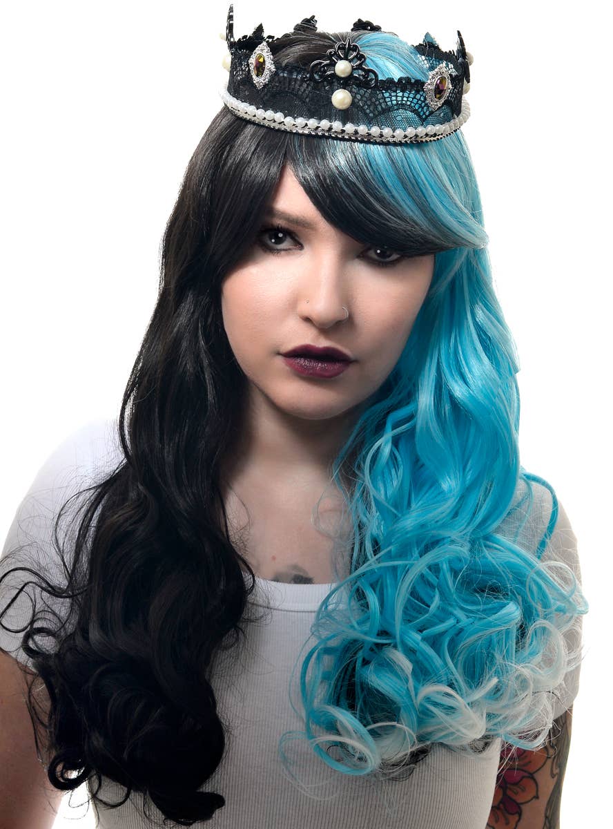 Image of Elegant Evil Queen Black Lace and Pearl Costume Crown - Alternate Image