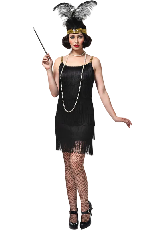 Women's Black 1920's Costume Dress with Fringing - Main Image