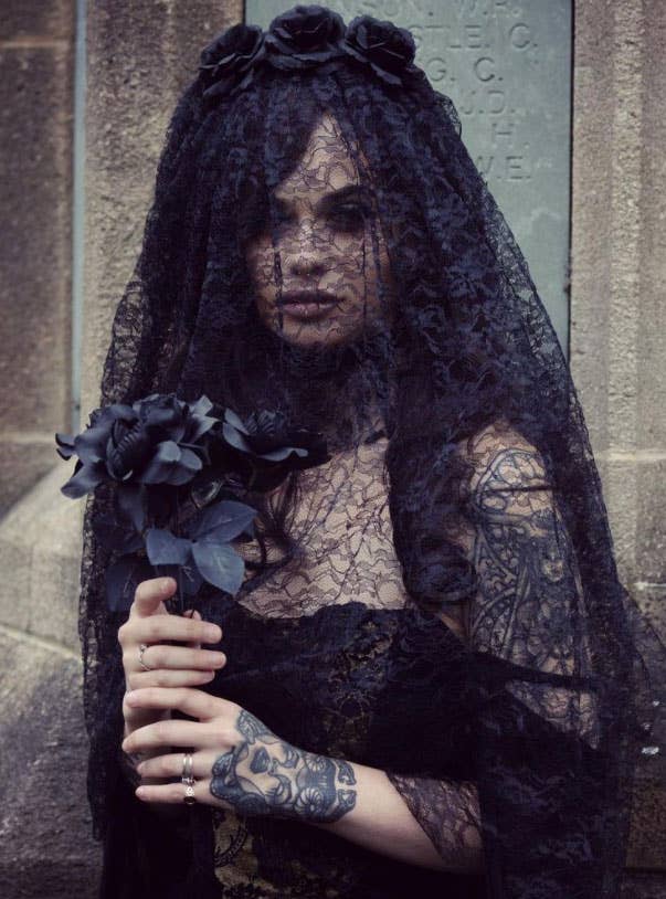 Image of Mourning Widow Black Lace Veil Headband Lifestyle Image
