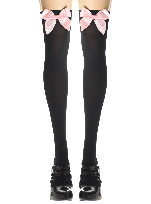 Black Thigh High Costume Stockings with Pale Pink Bows - Main Image