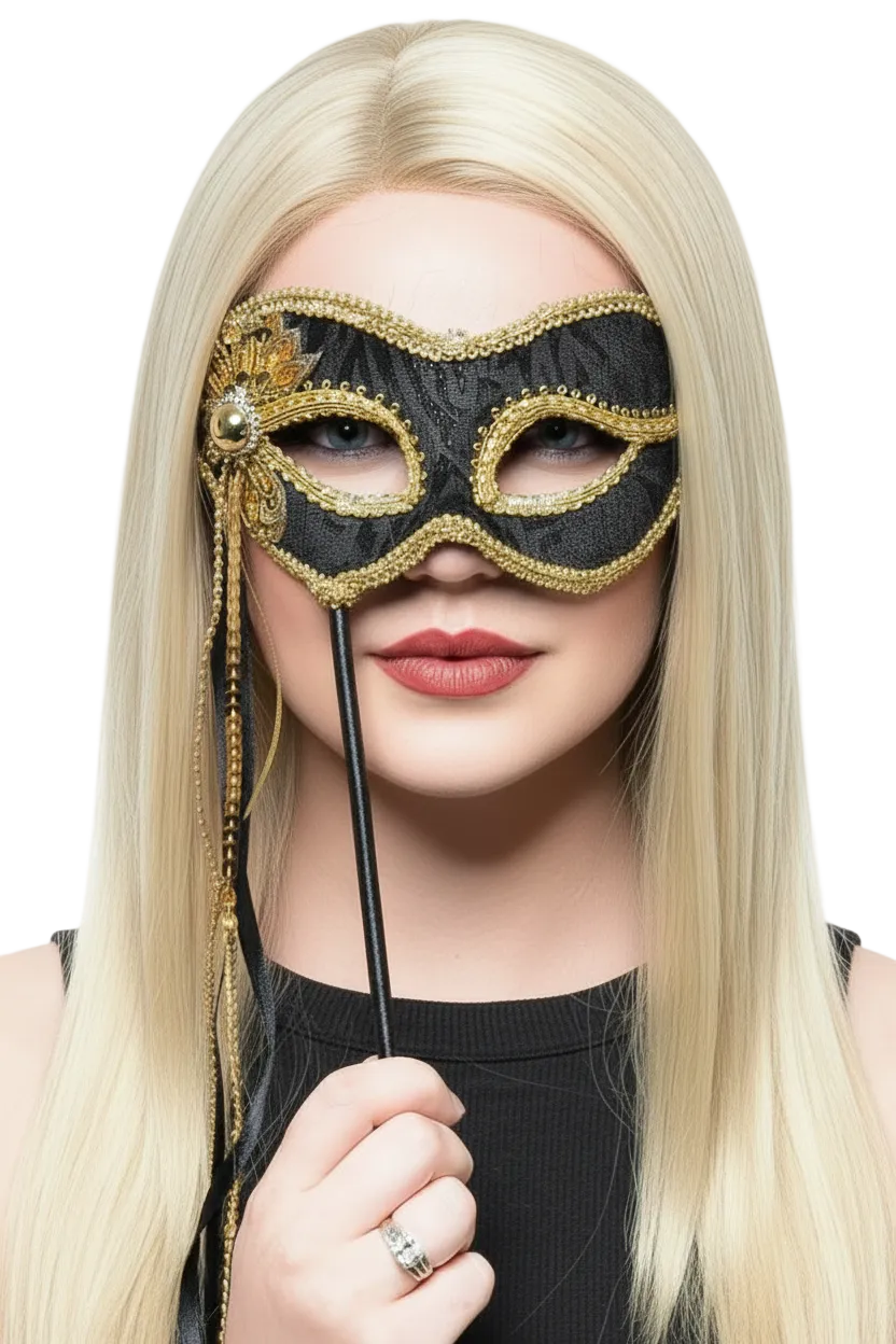 Elegant Hand Held Black Velvet and Gold Braid Masquerade Mask - Main Image
