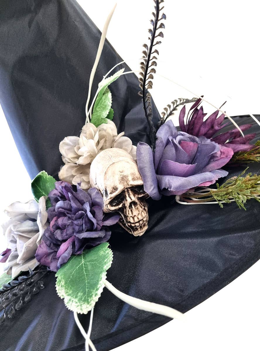 Image of Deluxe Purple Floral Skull Witch Hat Halloween Accessory - Close Image
