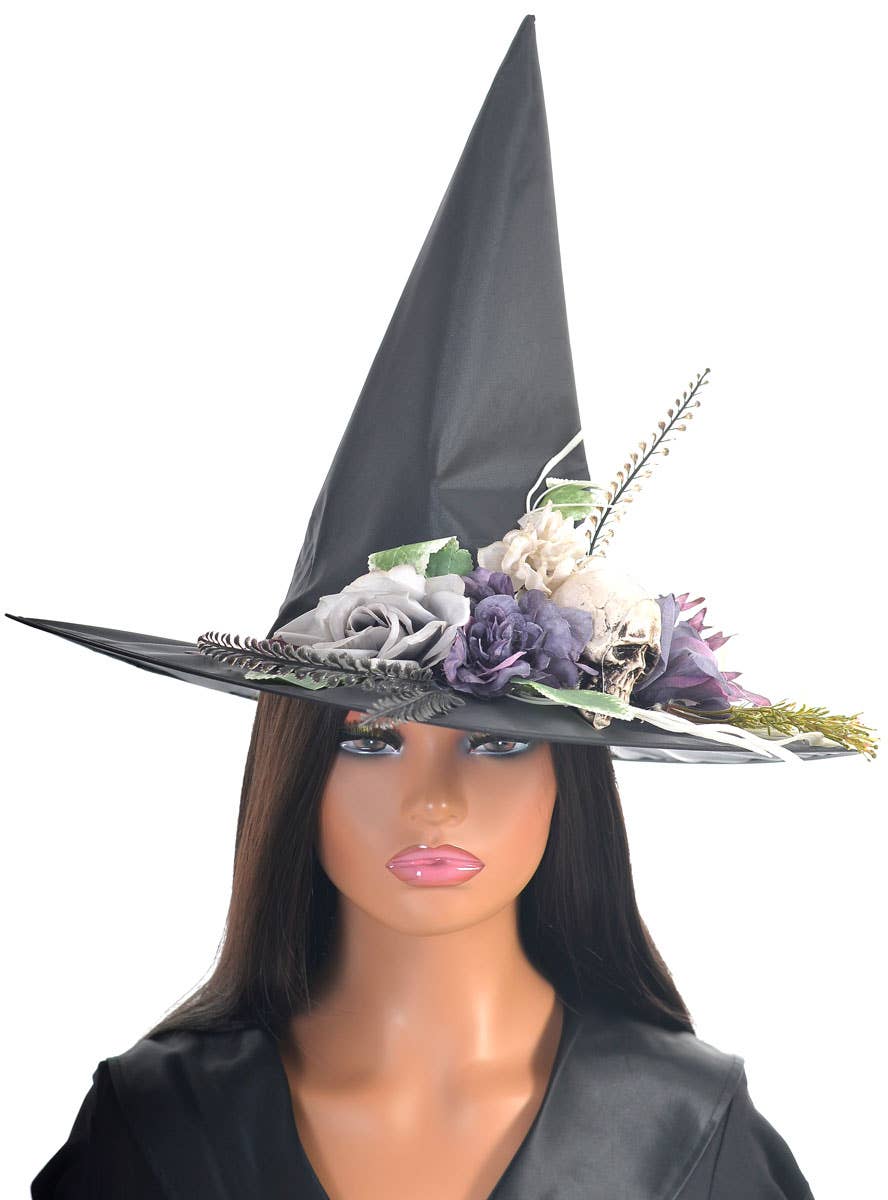 Image of Deluxe Purple Floral Skull Witch Hat Halloween Accessory - alternative image