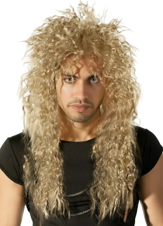 Long 1980's Crimped Blonde Rocker Men's Costume Wig - Main Image