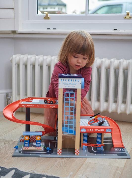 Blue Bird Service Station Childrens Wooden Toy Cars Set - Lifestyle Image 7