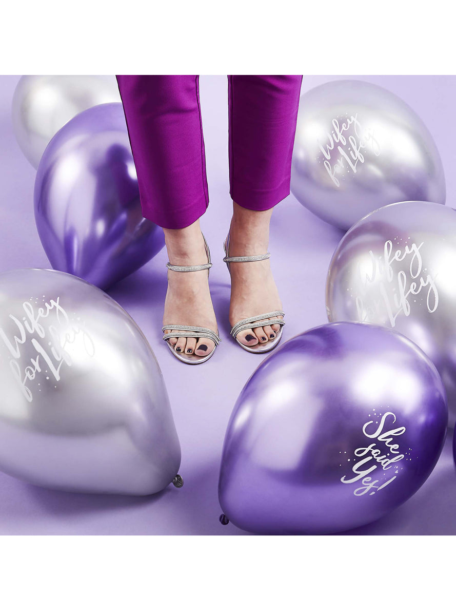 Bride Squad 5 Pack Purple And Silver Hens Night 30cm Latex Balloons — Lifestyle Image 1