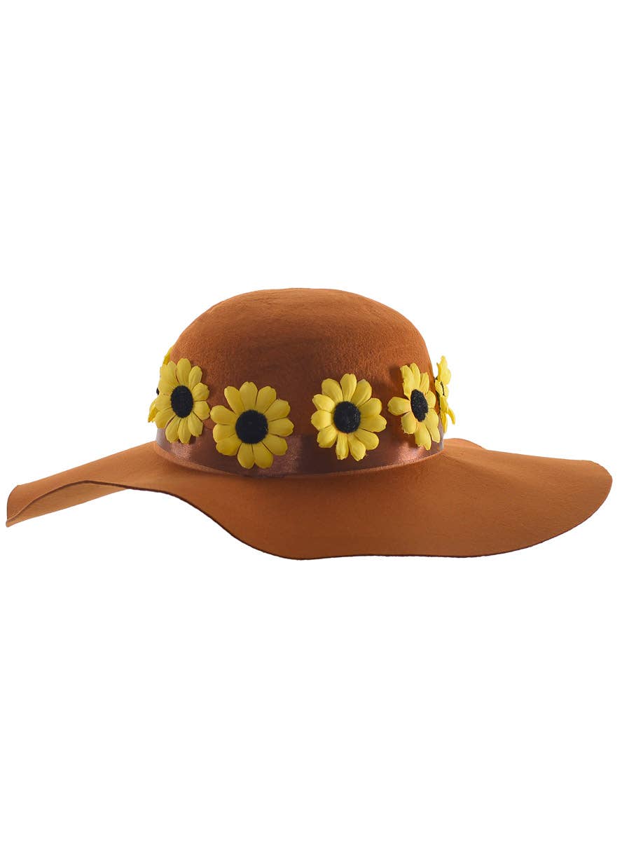 1970s Brown Felt Hippie Costume Hat with Yellow Daisies - Main Image