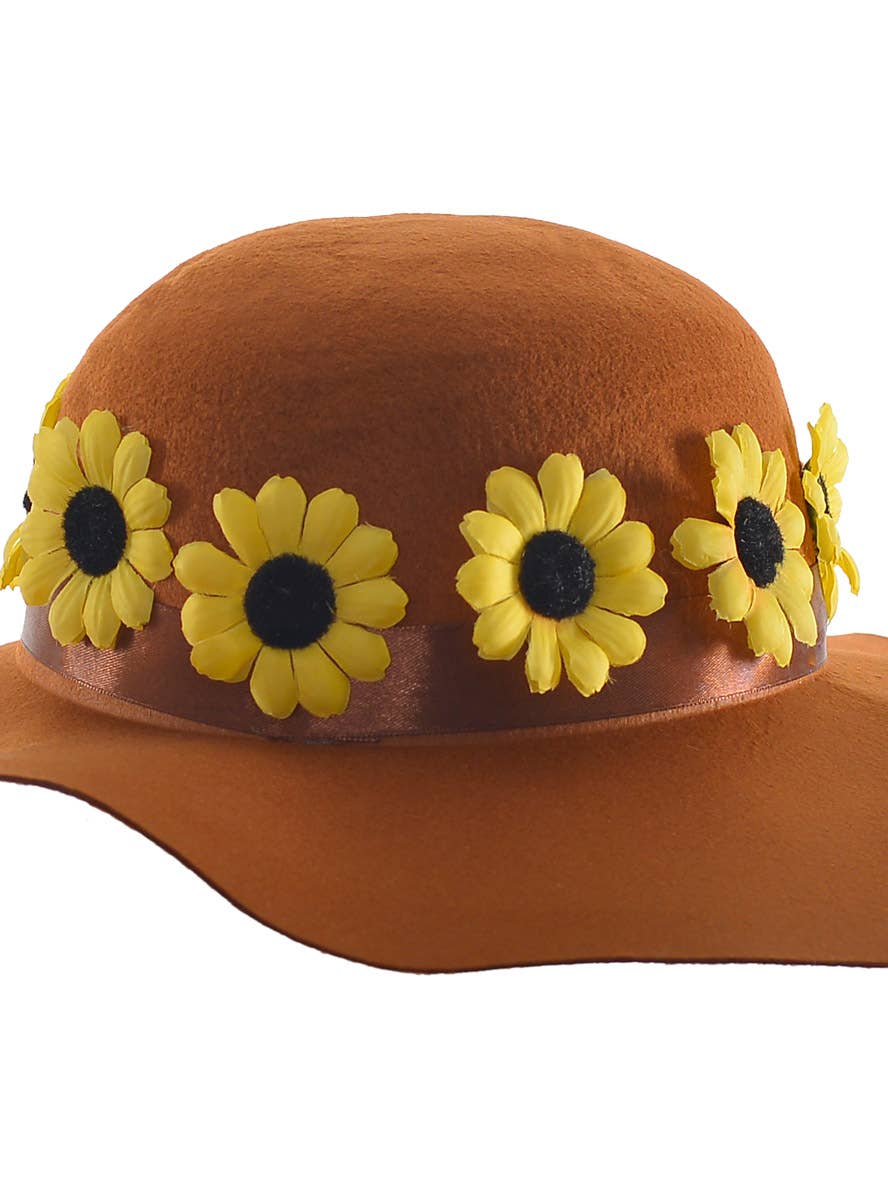 1970s Brown Felt Hippie Costume Hat with Yellow Daisies - Zoom Image
