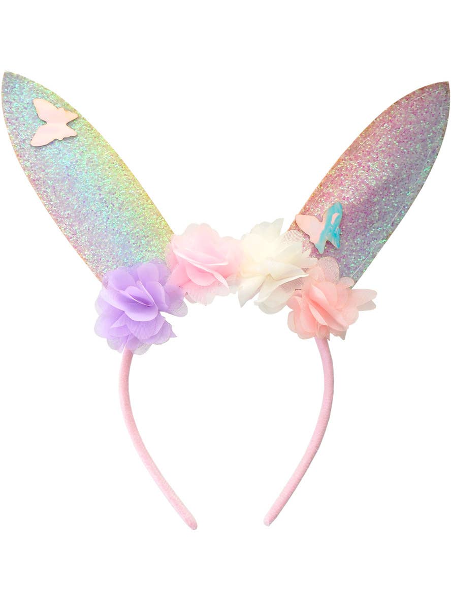 Pastel Rainbow Iridescent Glitter Bunny Ears Costume Headband - alternative image