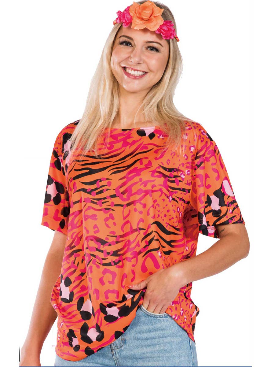 Woman Wearing Carole Baskin Costume Including Top and Flower Headband