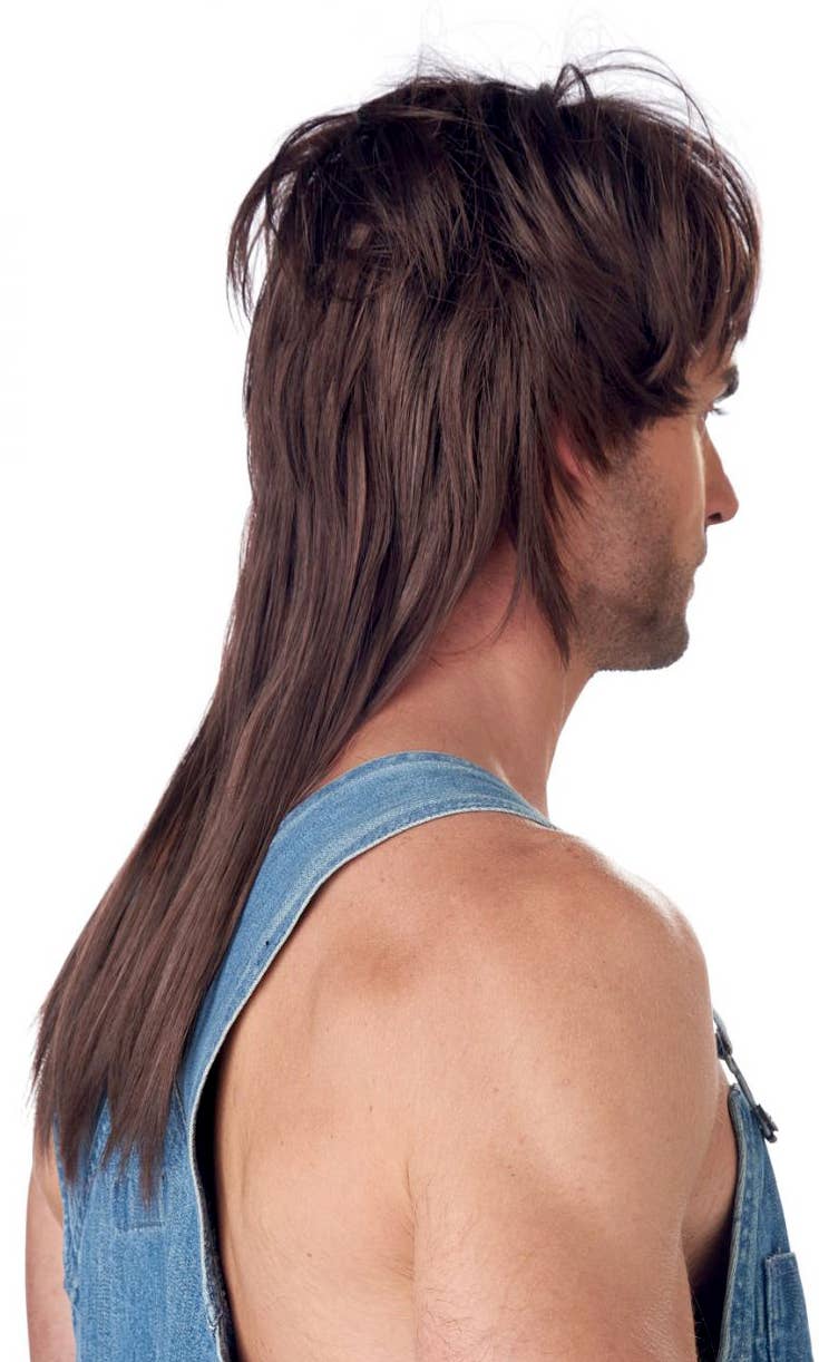 Men's Brown Hillybilly Bogan Mullet Costume Wig and Teeth Accessory Set Back Image