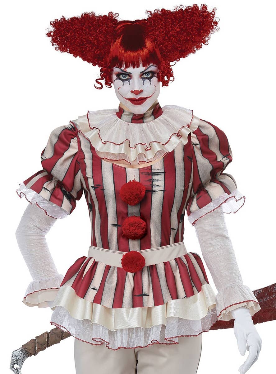 Deluxe Women's Sadistic Clown Halloween Fancy Dress Costume Close Up Image