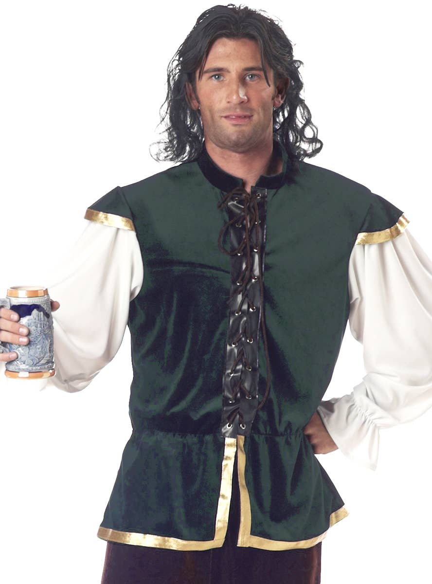 Men's Green Velvet Tavern Barkeep Medieval Costume - Close Image