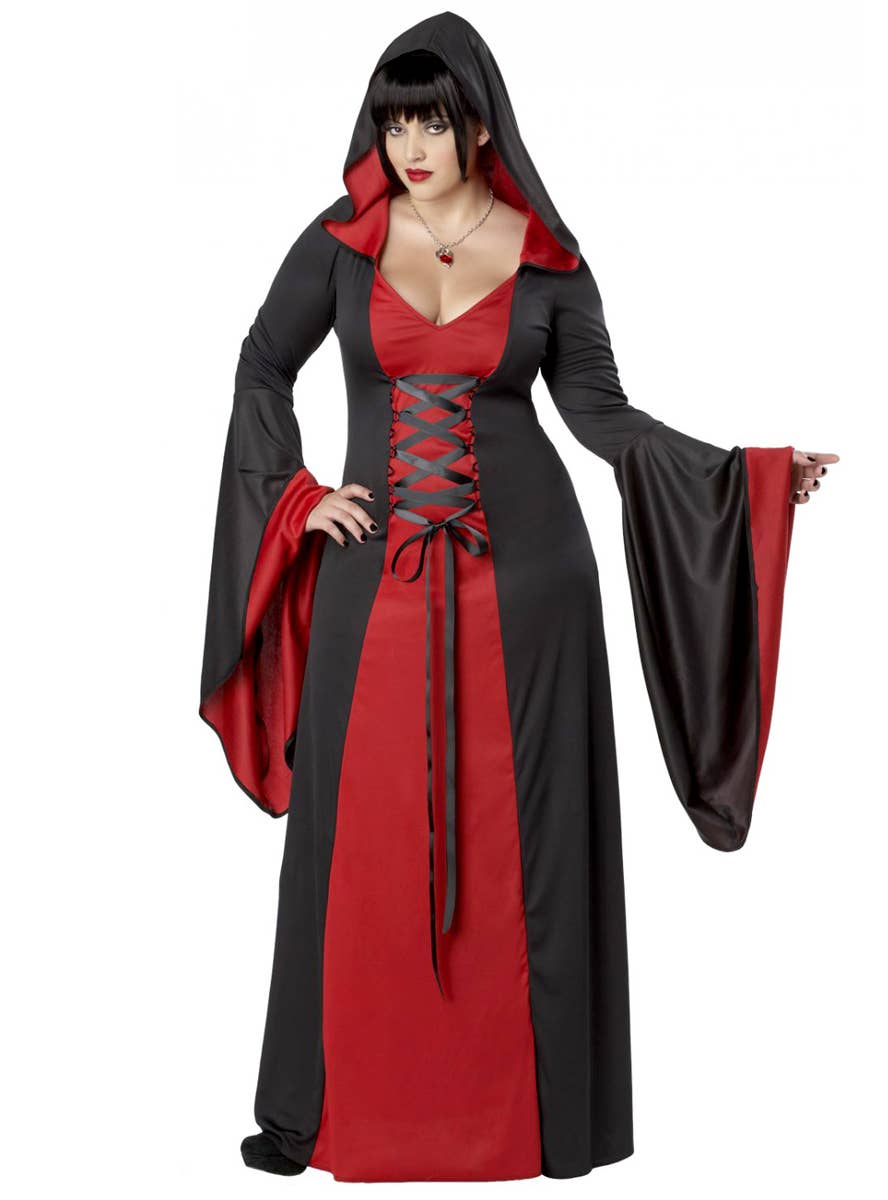 Women's Plus Size Long Black and Red Hooded Robe Main Image