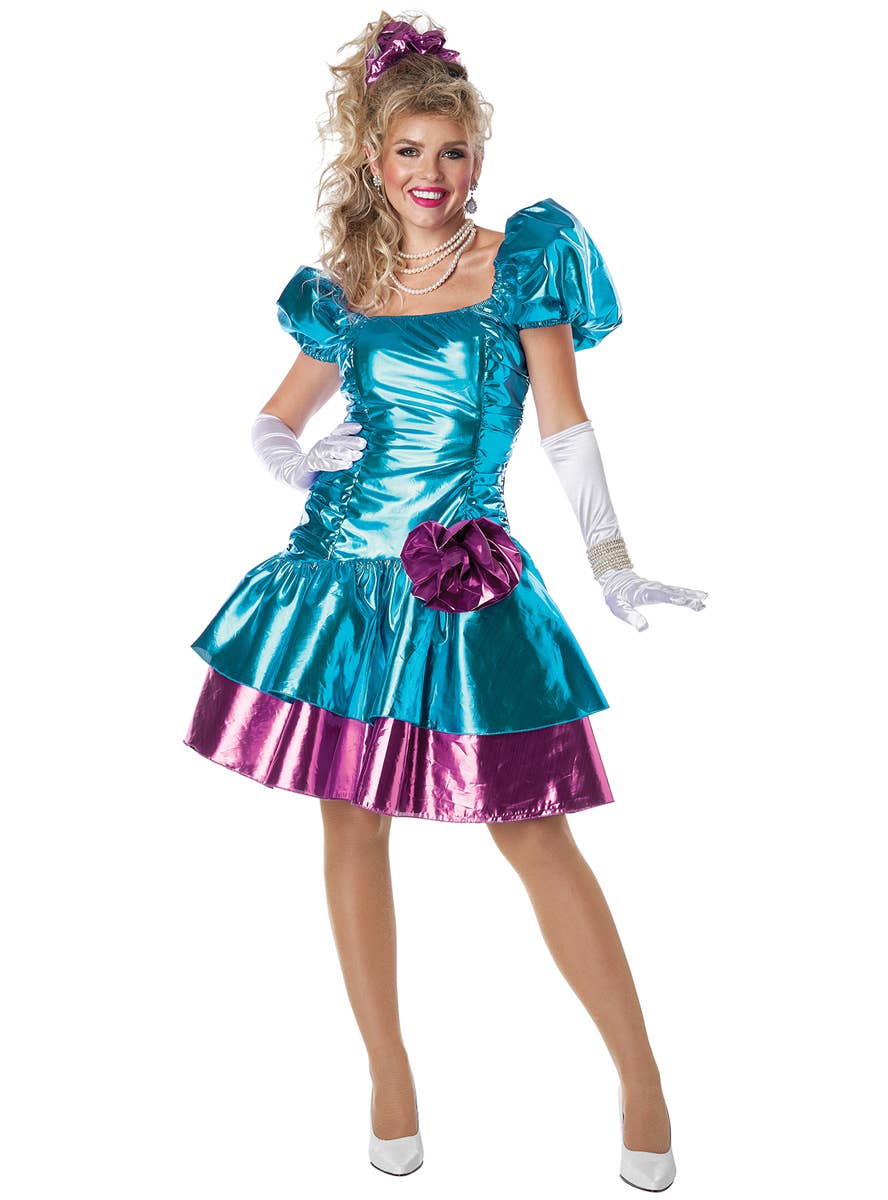 80's Party Dress Women's Metallic Blue and Pink Costume - Alt Front Image 1