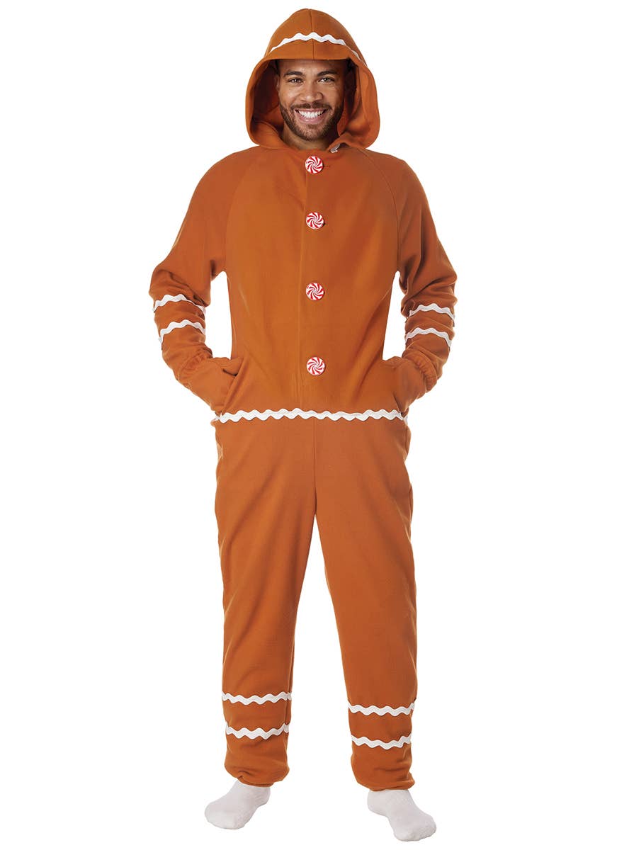 Brown Fleece Gingerbread Man Christmas Costume for Unisex Adults - Front Image