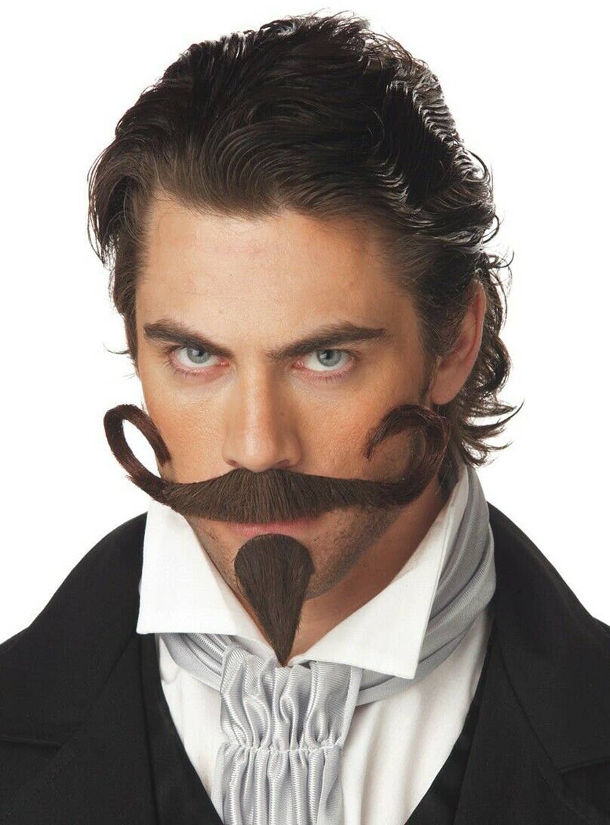 The Gambler Long Brown Curled Moustache and Goatee Men's Costume Accessory
