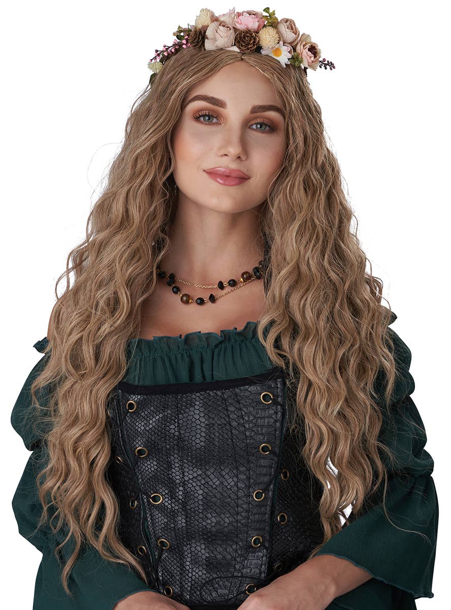 Extra Long Curly Blonde Renaissance Maiden Costume Wig for Women - Alt Image 1