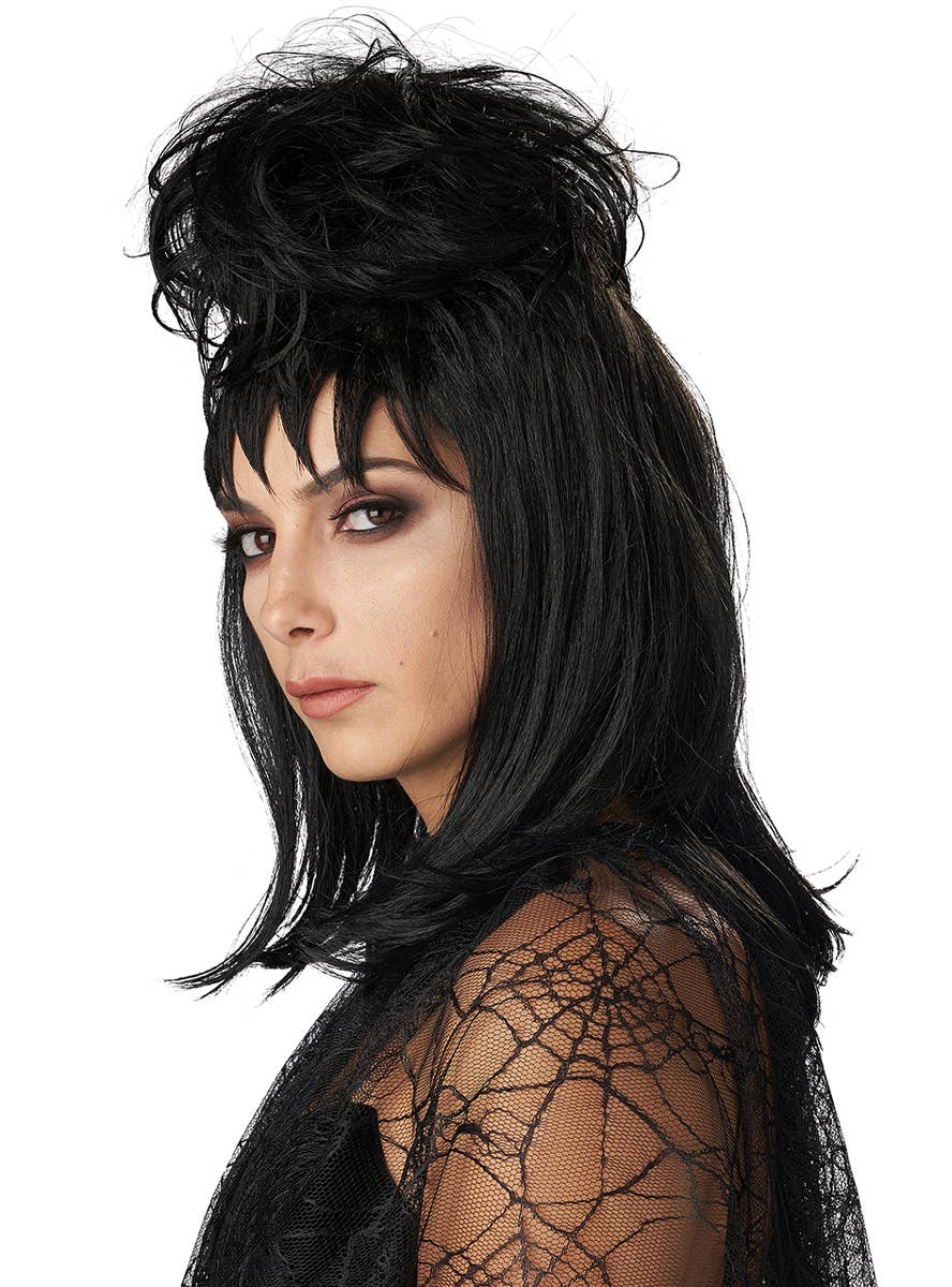 Black Mid Length Beetlejuice Lydia Costume Wig for Women - Side Image