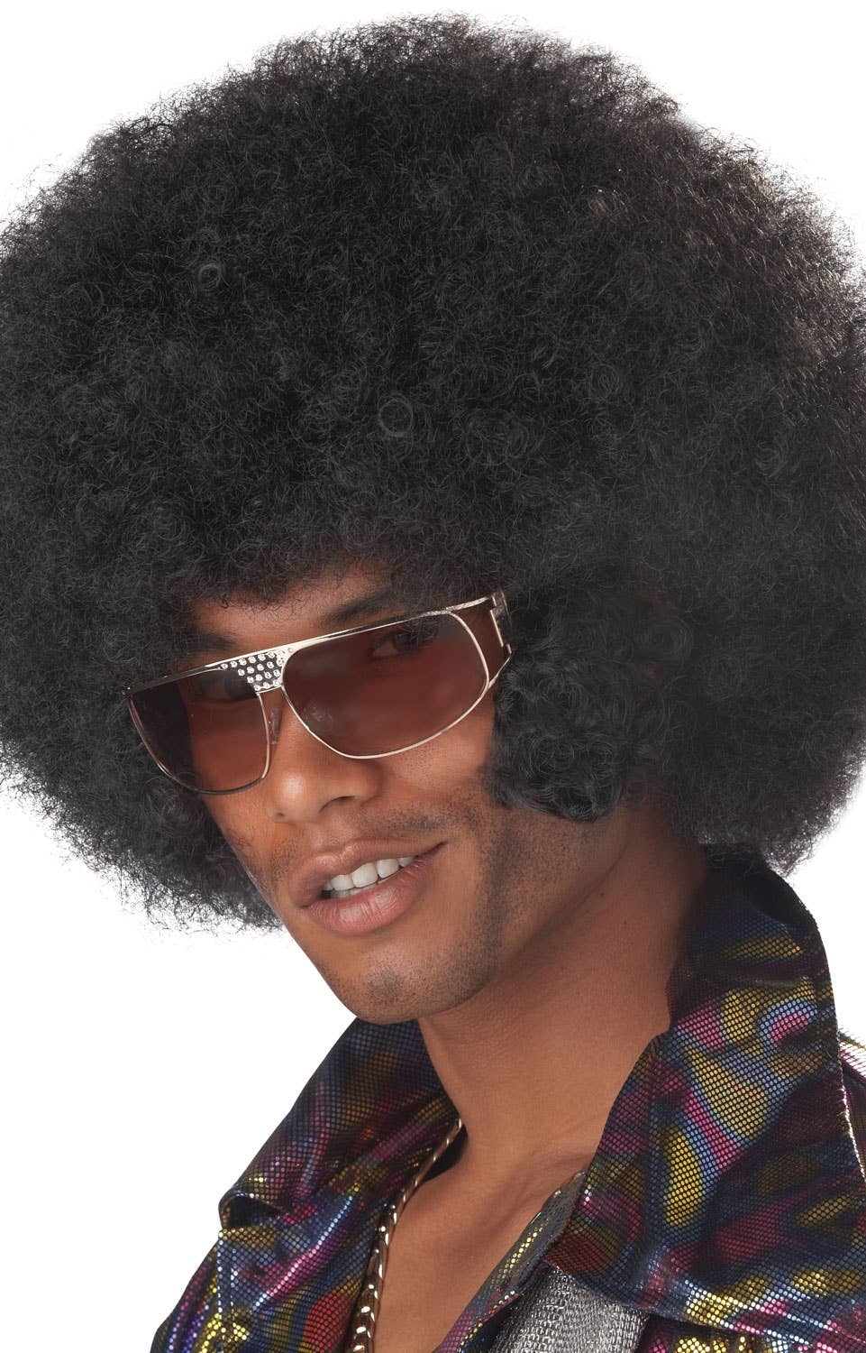 70s Disco Men's Black Frizzy Afro Costume Wig - Close Image
