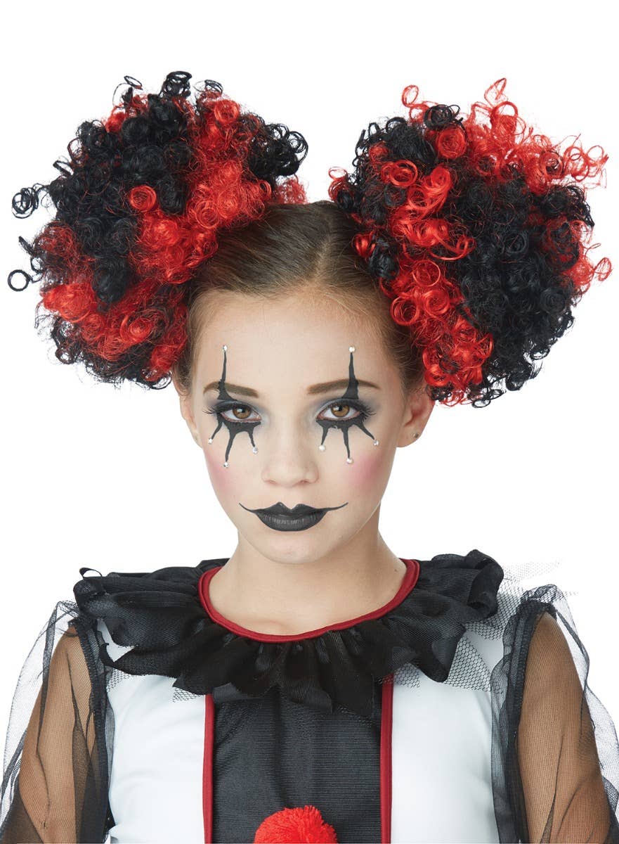 Clown Puffs Black And Red Clip In Curly Hair Buns Costume Accessory