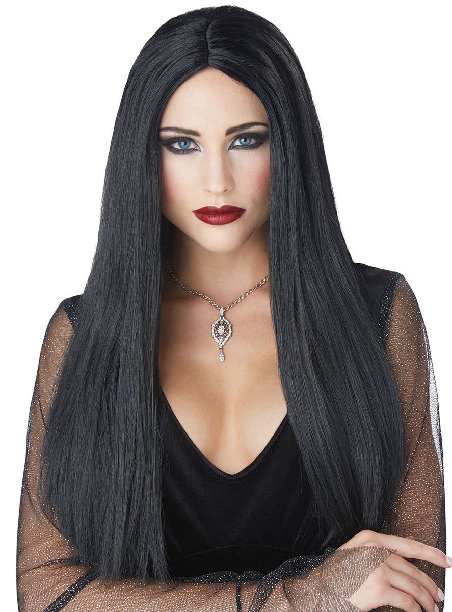 Women's Long Black Morticia Halloween Fancy Dress Costume Wig By California Costumes Main Image