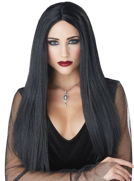 Women's Long Black Morticia Halloween Fancy Dress Costume Wig By California Costumes Main Image
