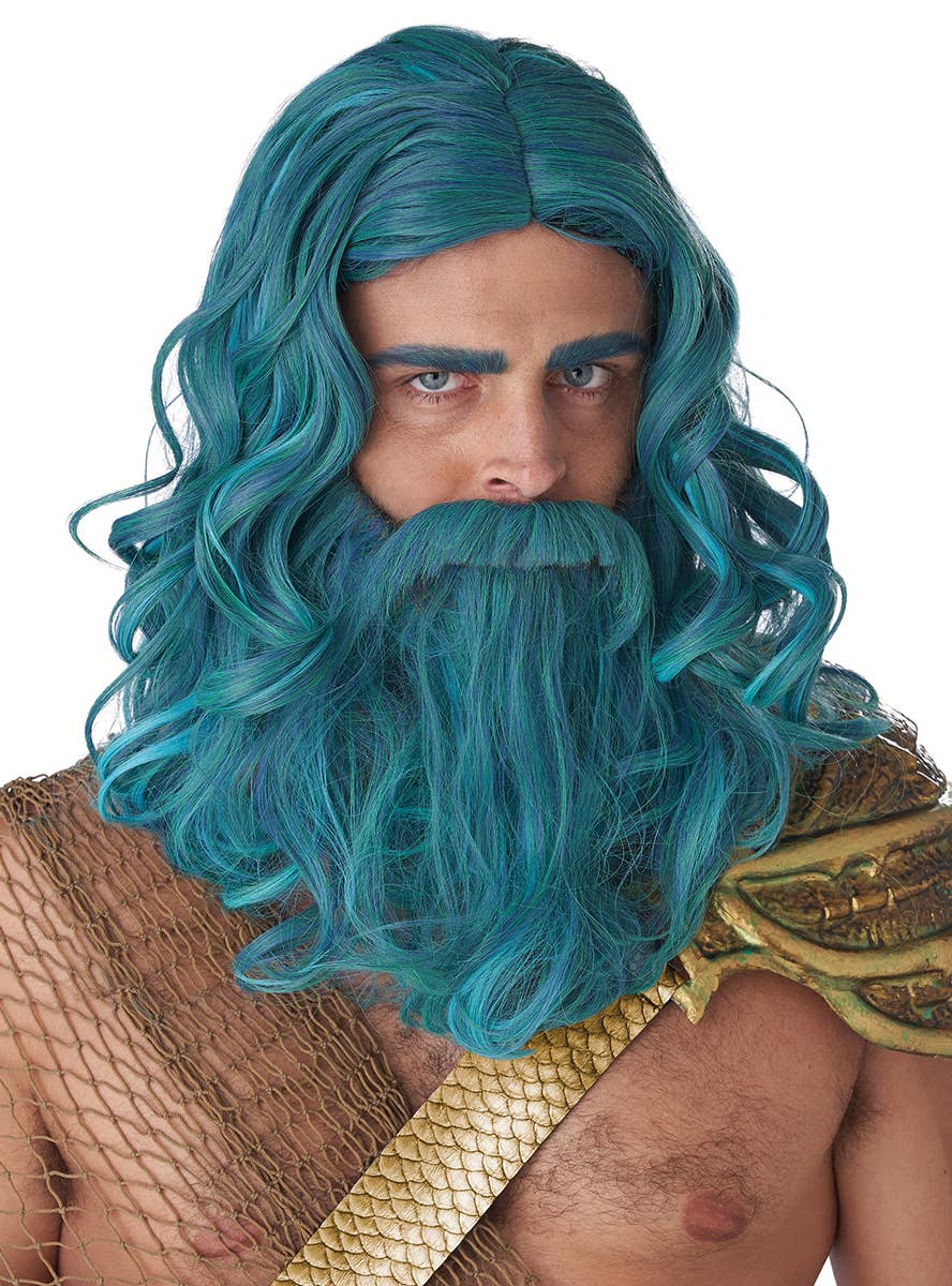 Mid Length Wavy Ocean Blue Men's God of the Sea Costume Wig and Beard Set - Main Image