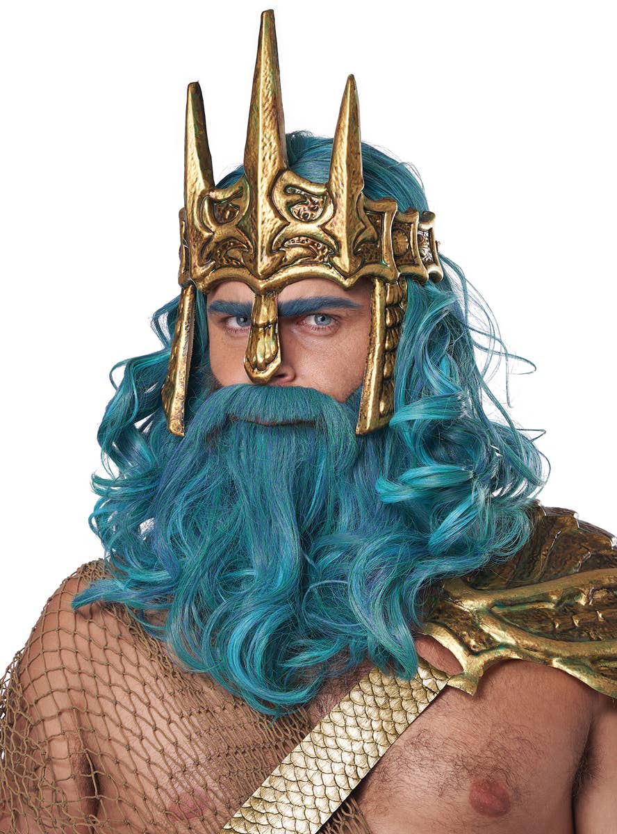 Mid Length Wavy Ocean Blue Men's God of the Sea Costume Wig and Beard Set - Alternative Image