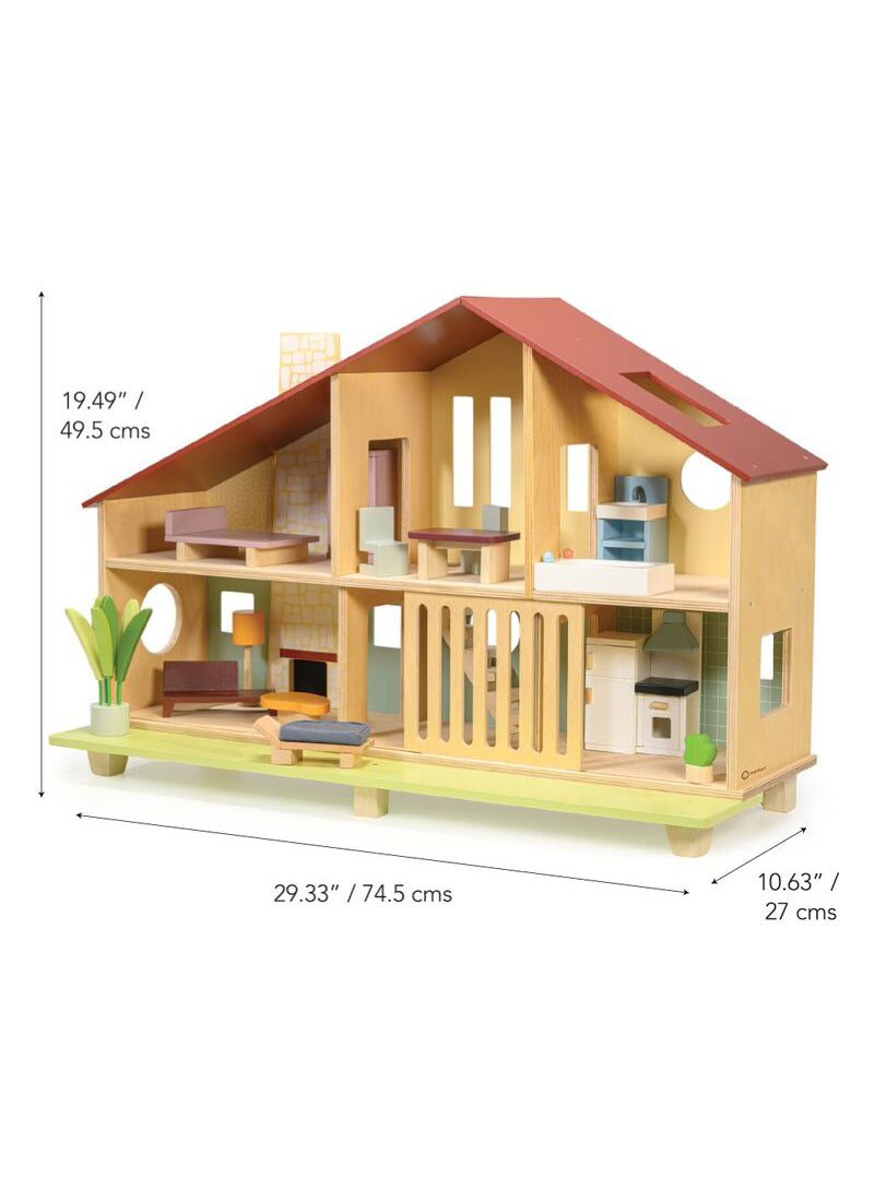Cedar Chalet Wooden Dollhouse With Furniture - Dimensions Image