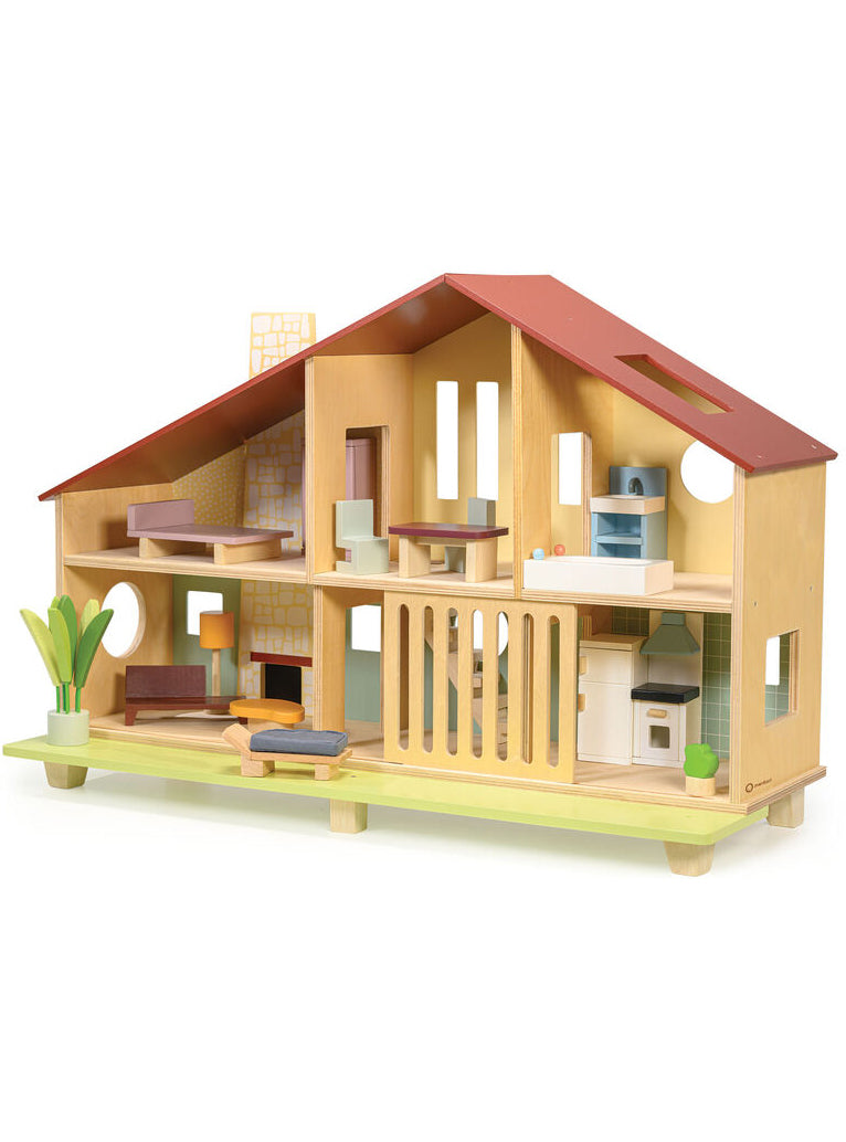 Cedar Chalet Wooden Dollhouse With Furniture - Main Image