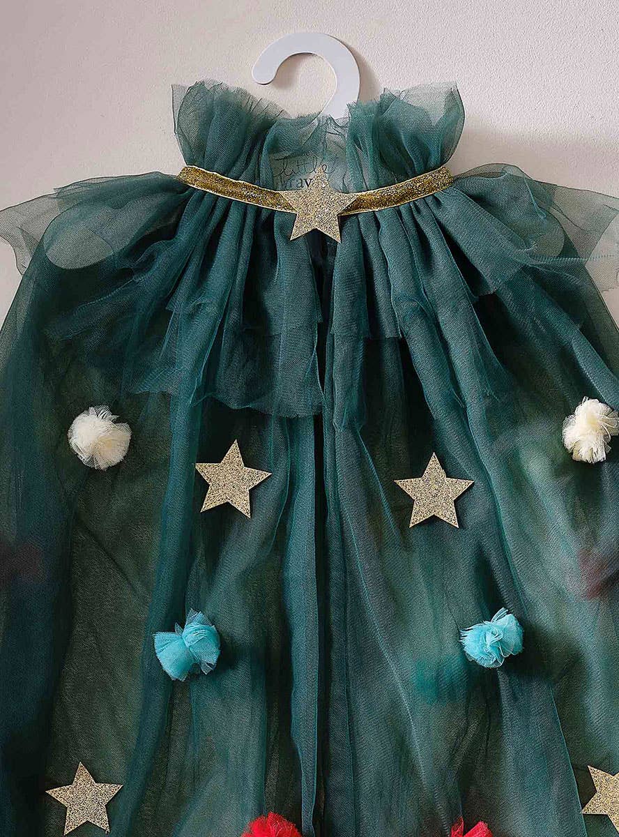 Image of Deluxe Girls Green Mesh Christmas Cape with Pom Poms - Alternate Image 2