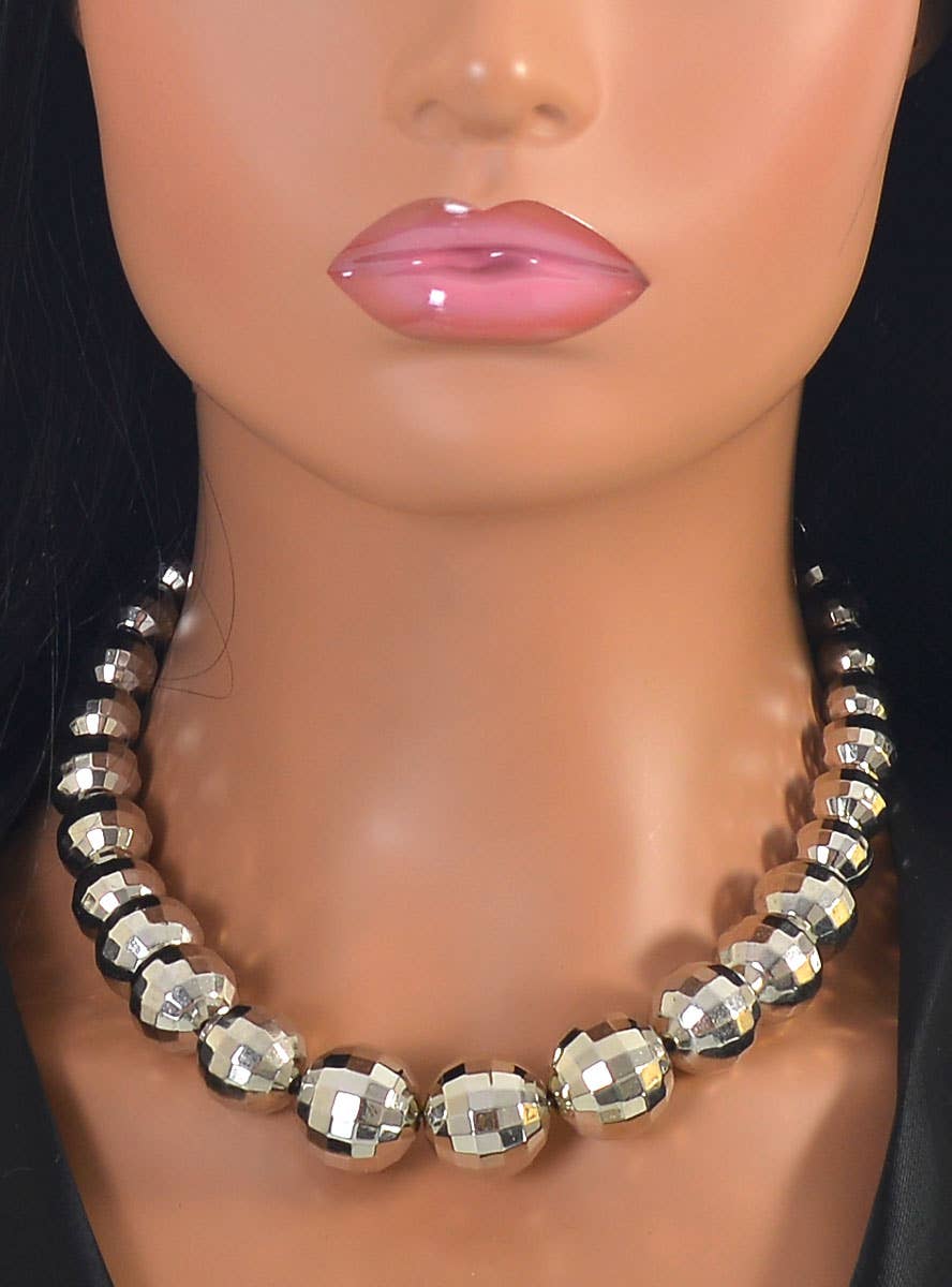 Chunky Silver Disco Ball 70s Costume Necklace - Close Image