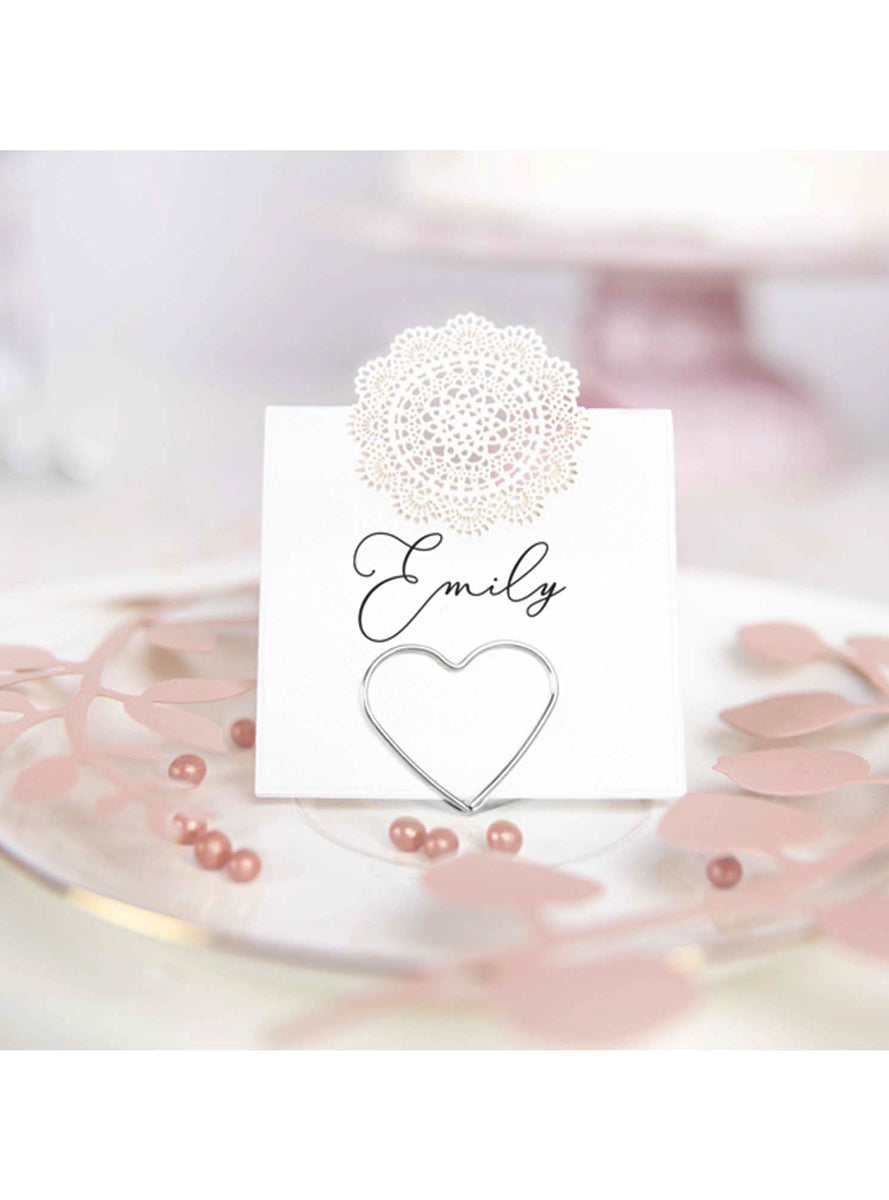 Classic Wedding 10 Pack Silver Heart Place Card Holders — Lifestyle Image 2