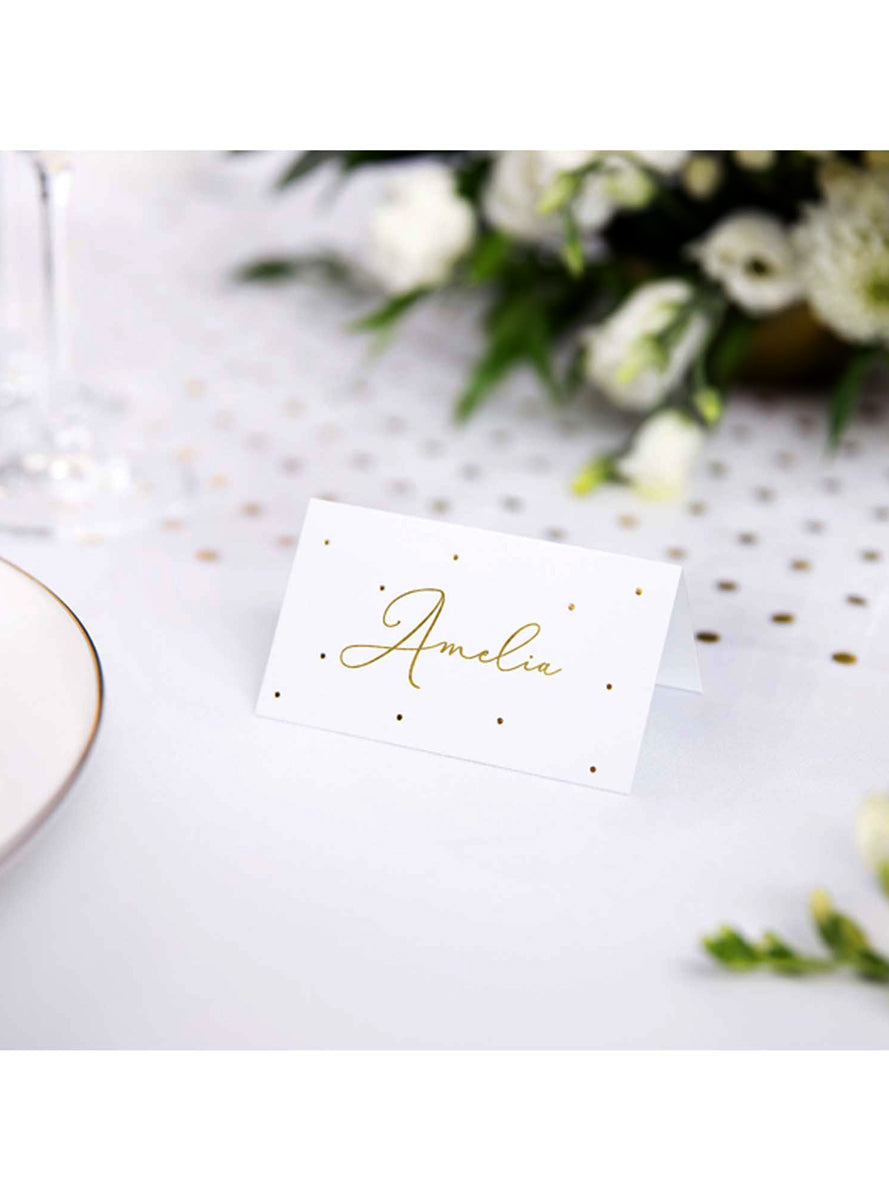 Classic White 10 Pack Place Cards with Gold Dots - Lifestyle Image 1