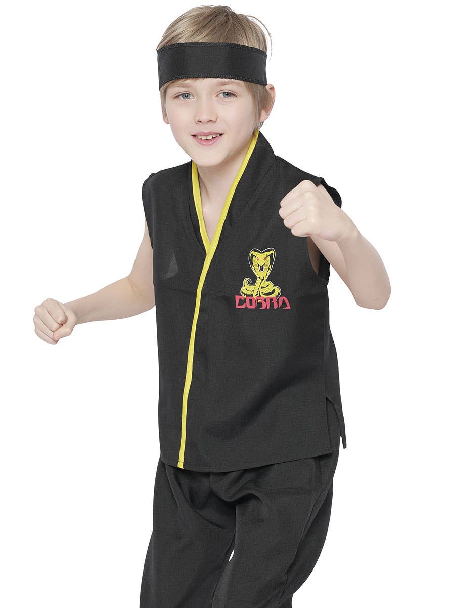 Image of Cobra Boy's Black Karate Kid Fancy Dress Costume - Close View