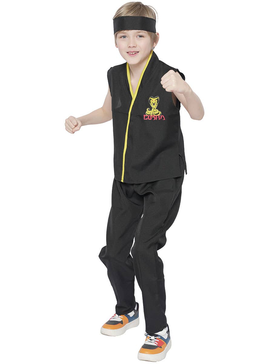 Image of Cobra Boy's Black Karate Kid Fancy Dress Costume - Front View