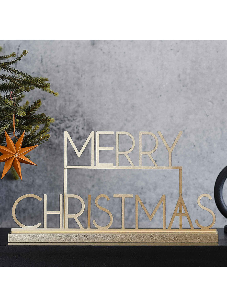 Gold Metal And Wood Cosy Merry Christmas Sign – Lifestyle Image