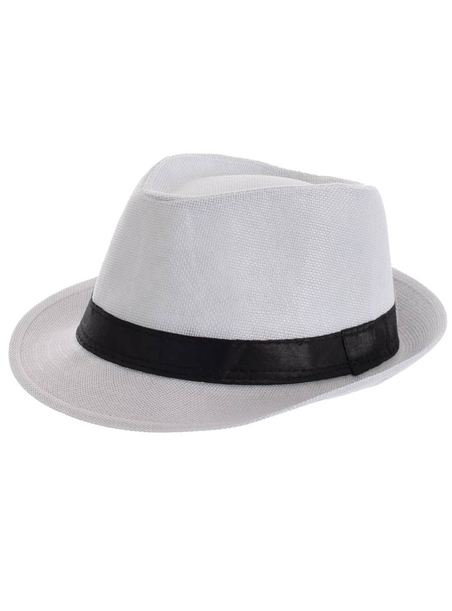 Image of Woven White 1920s Mens Fedora Hat With Black Band