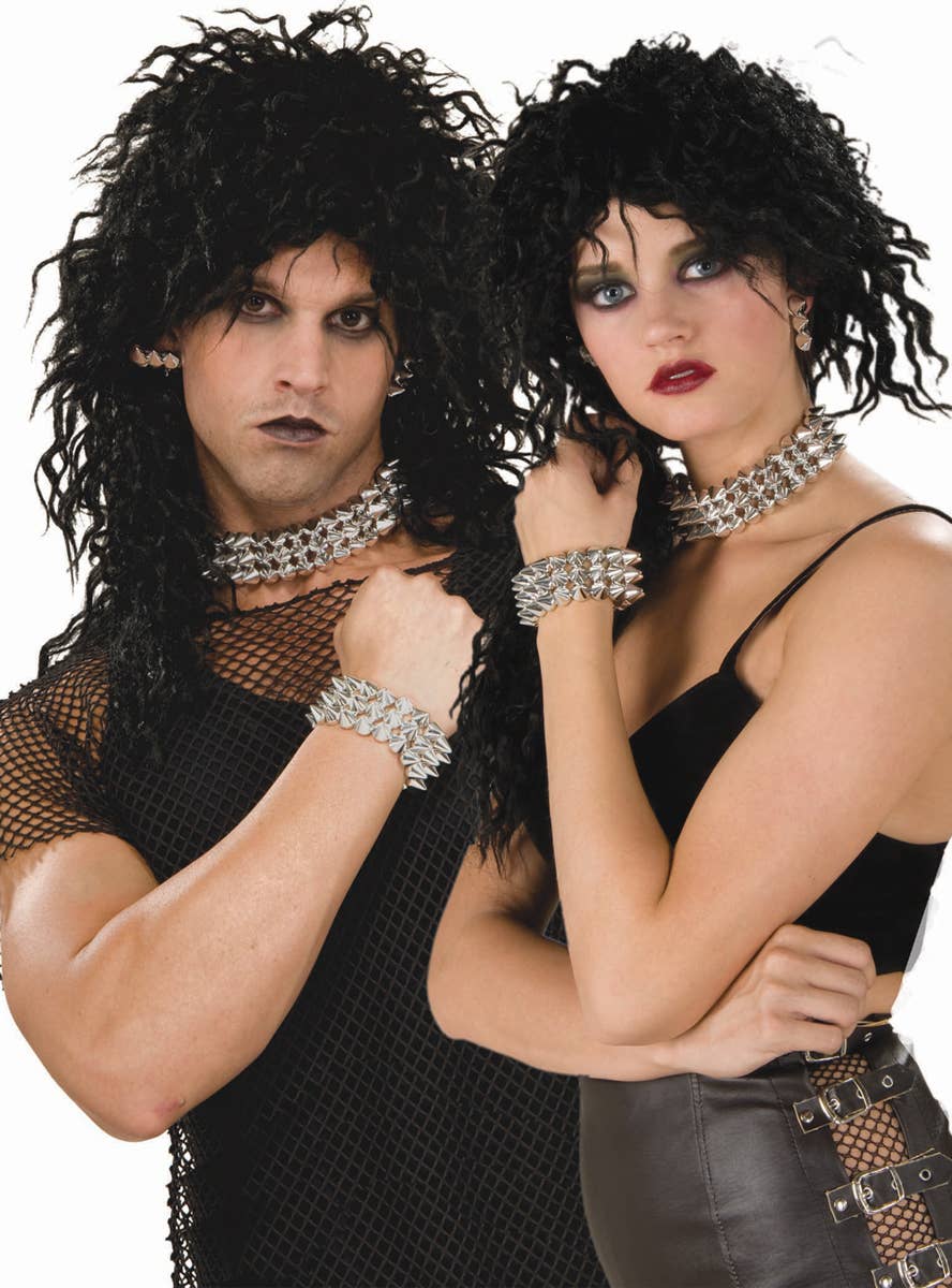 Silver Spiked 1980's Punk Costume Jewellery Set with Bracelet, Choker and Earrings - Alternative Image