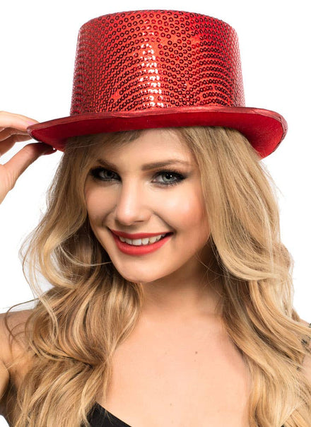 Red Sequin Costume Top Hat for Adults - Main View